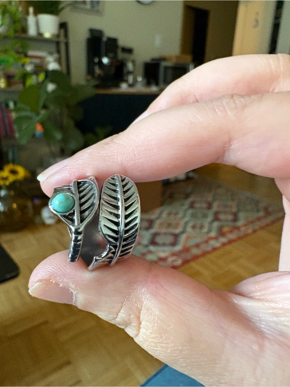 Sterling Feather Wrap Ring with Turquoise Accent - Silver